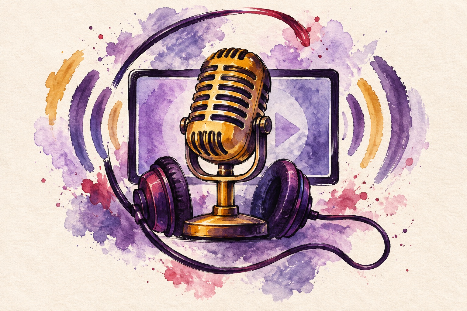 Conceptuele AI-illustratie in inkt en aquarel van een gouden microfoon, paarse koptelefoon en videoscherm met geluidsgolven.