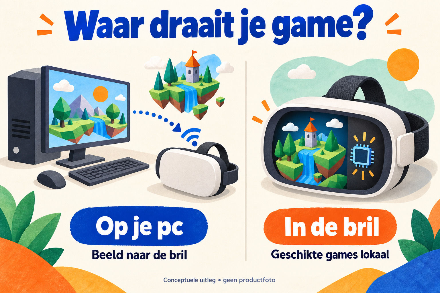 Conceptuele illustratie van een game die op een pc draait of lokaal in een VR-bril.
