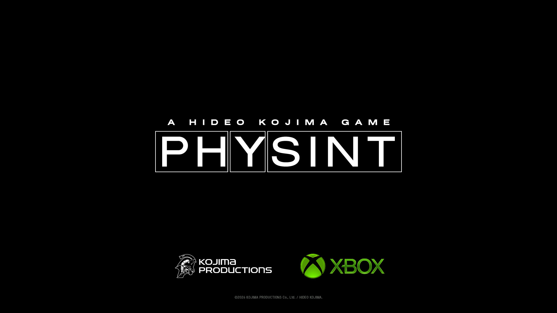 Originele aankondigingskaart: PHYSINT, A Hideo Kojima Game, met de namen en logo’s van Kojima Productions en Xbox.