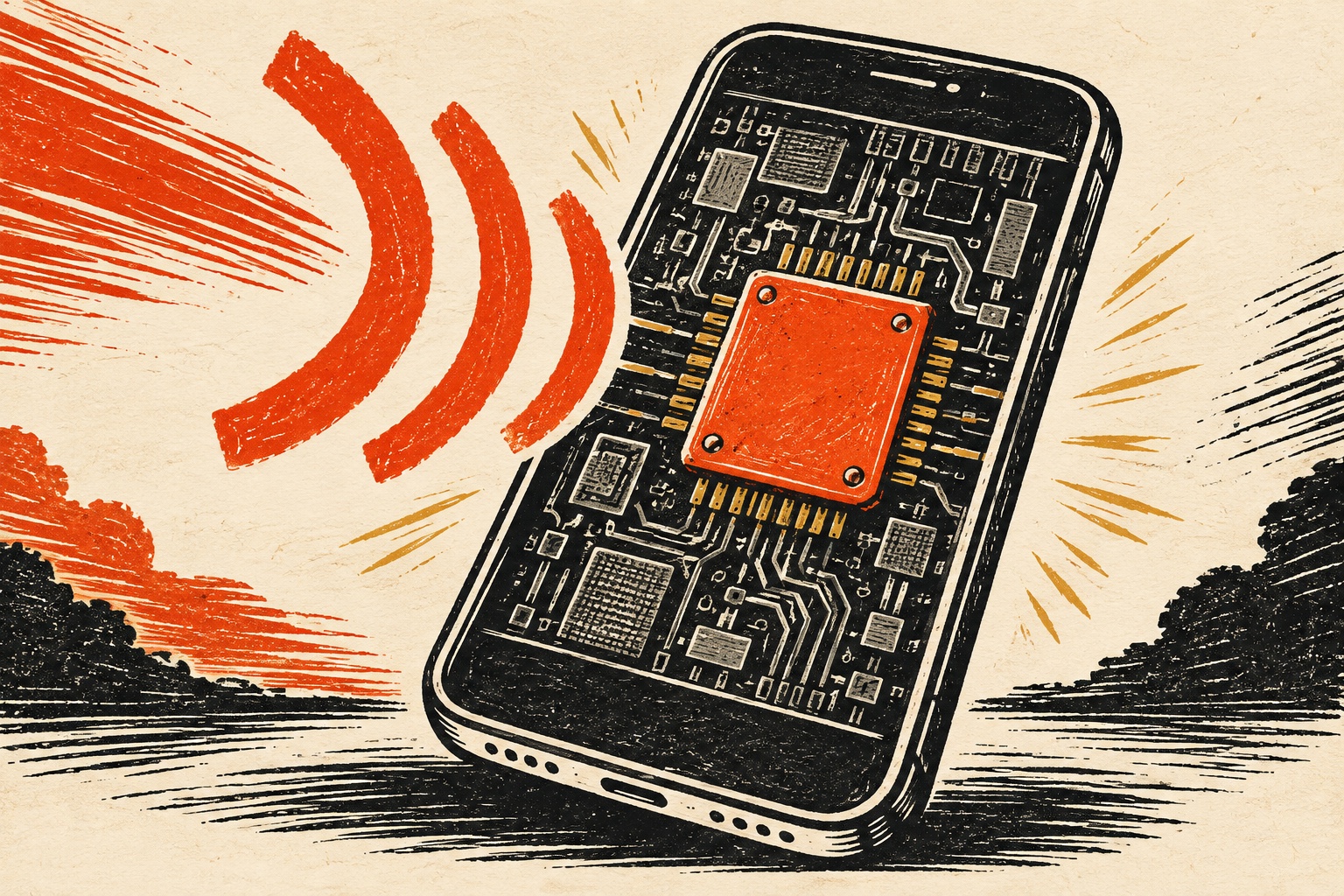 AI-illustratie in oranje en zwarte linodrukstijl van een telefoon met een afgeschermde chip en inkomende radiogolven; een conceptueel beeld van modemonderhoud.