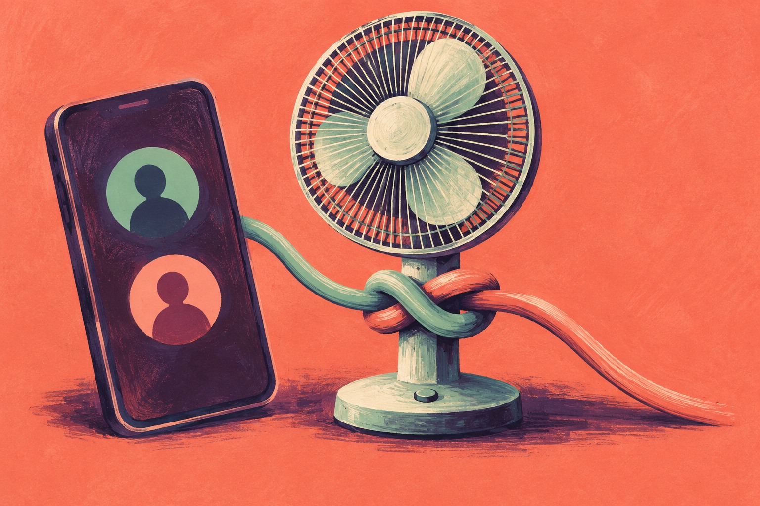 Geschilderde conceptillustratie van een ventilator en telefoon, verbonden door twee verstrengelde lussen.