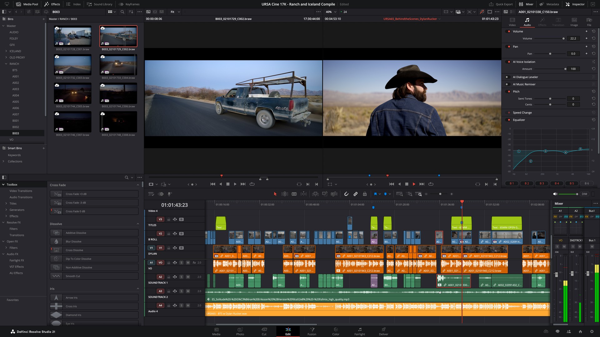 Persbeeld van de Edit-pagina in DaVinci Resolve, met twee videovoorbeelden, een mediabibliotheek en een montagetijdlijn.