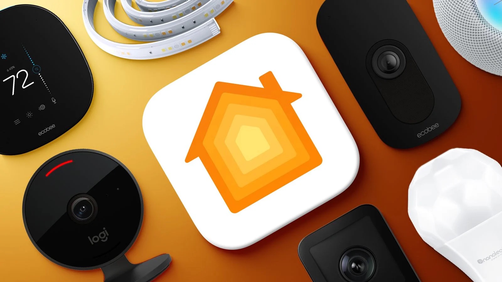 Beeldmontage van MacRumors met het Woning-icoon en bestaande slimme apparaten; dit is niet de gemelde Apple-camera.