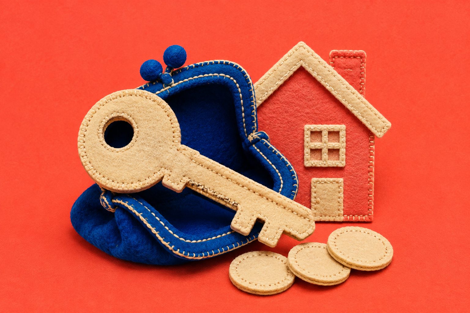 AI-illustratie van een huissleutel, een portemonnee en een huisje van gekleurde stof, als verbeelding van wonen en vermogen.