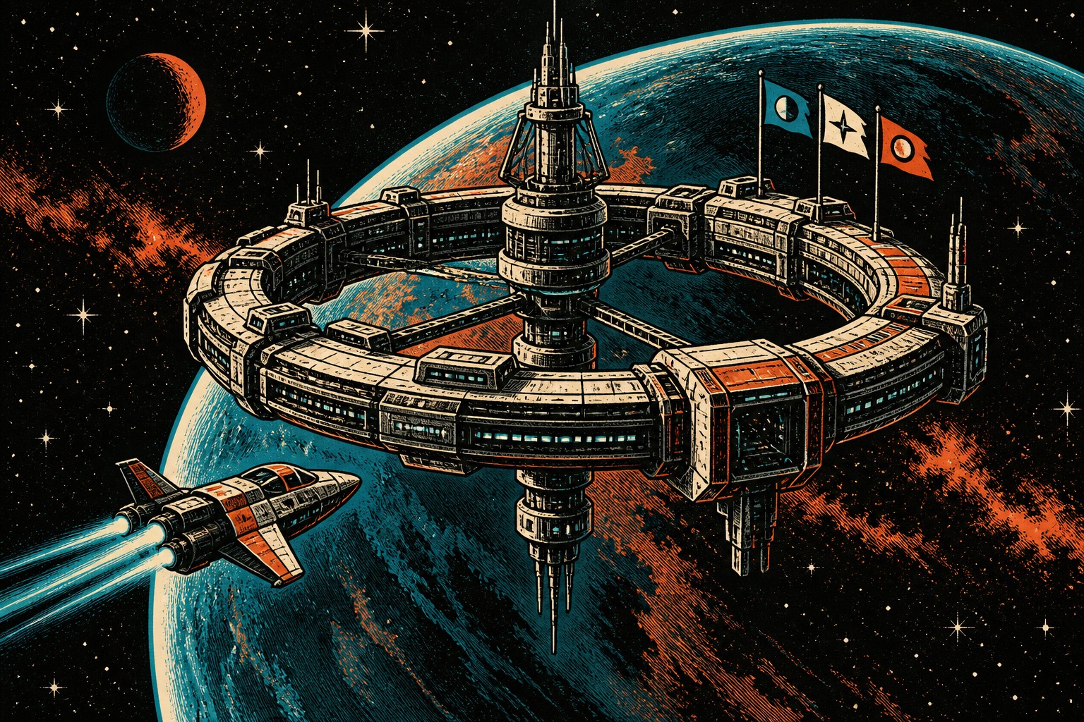 Originele conceptillustratie van een ruimtestation met drie vaantjes, een ruimteschip en een planeet; geen screenshot van No Man’s Sky.