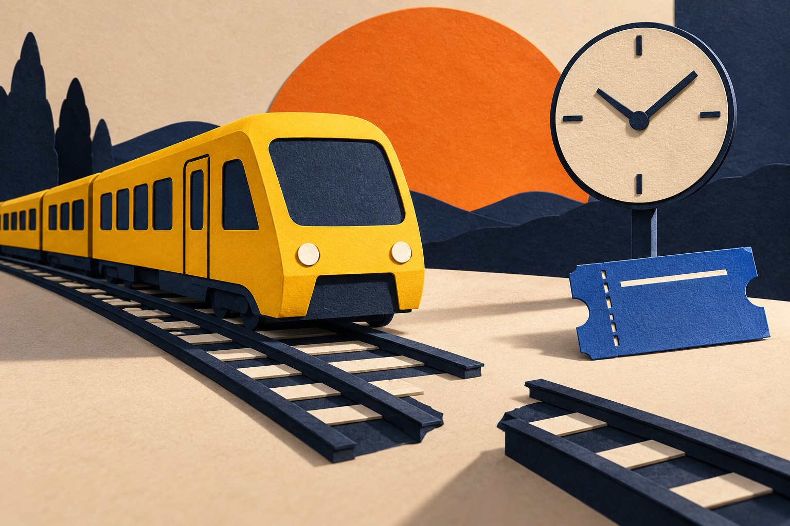 AI-illustratie van een gele trein, onderbroken rails, een stationsklok en een reiskaartje.