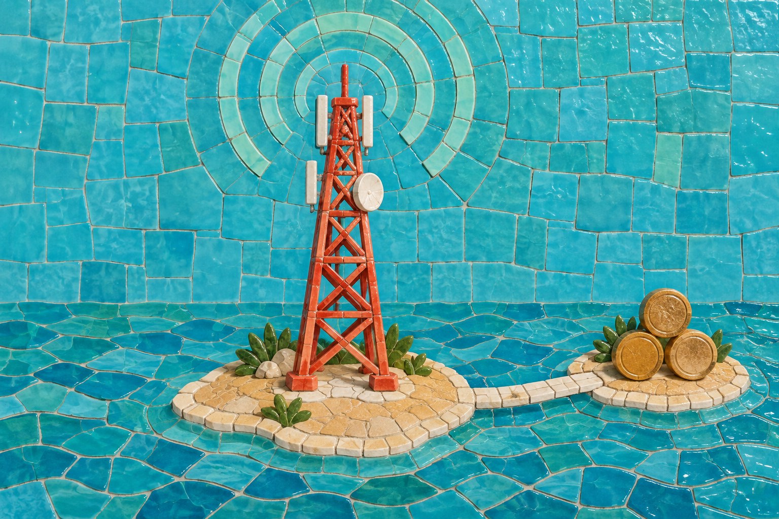 AI-illustratie als turquoise tegelmozaïek van een zendmast met een brug naar drie munten.