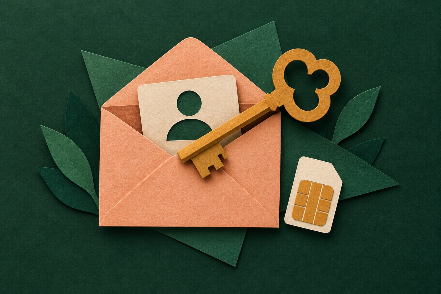Conceptuele AI-illustratie van een papieren envelop met een sleutel en een losliggende simkaart op een donkergroene achtergrond.