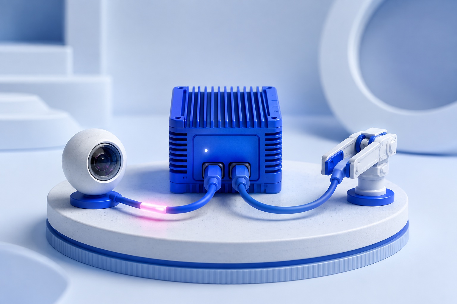 AI-illustratie van een blauwe rekenmodule die rechtstreeks verbonden is met een sensor en een kleine robotgrijper