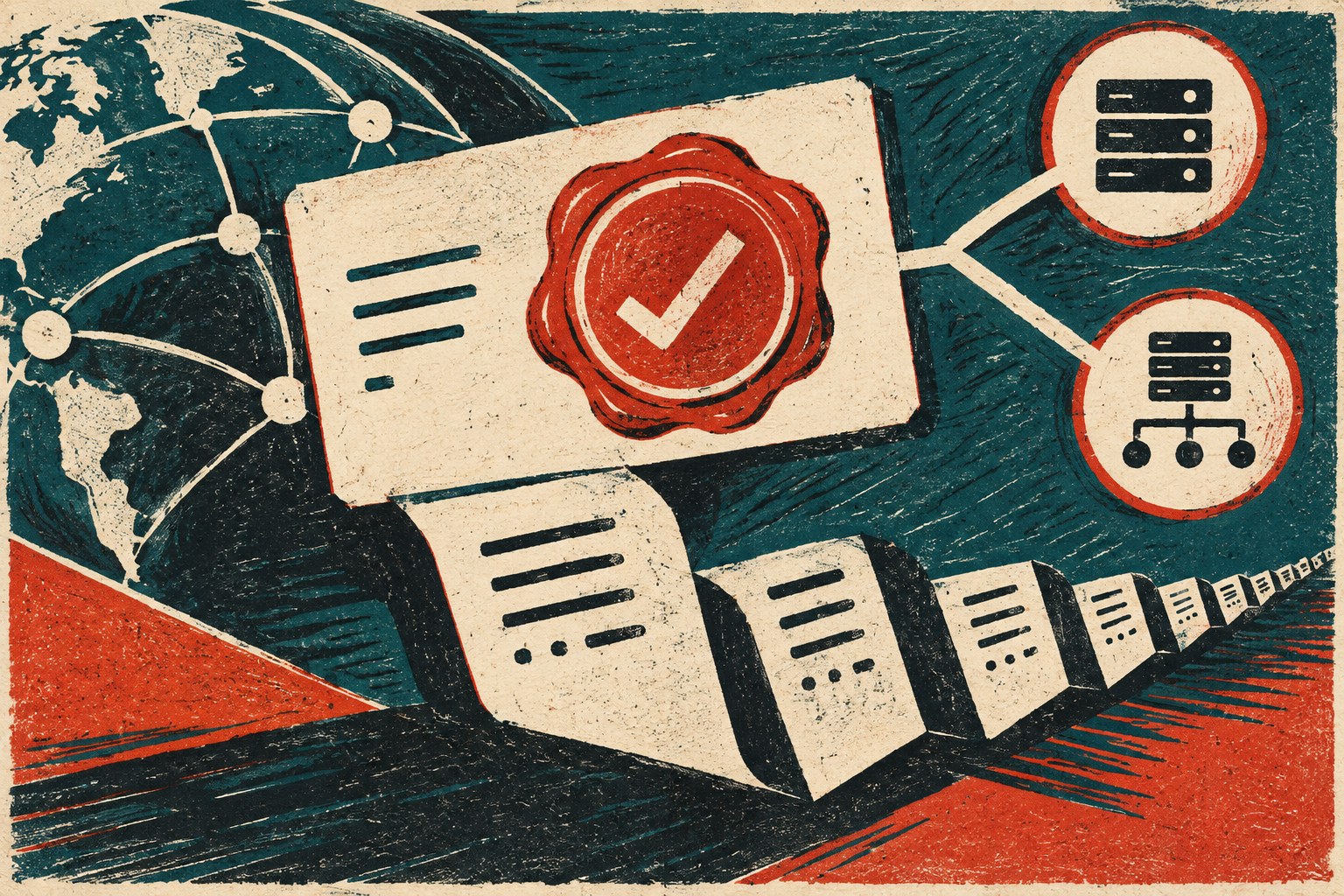 Linodrukillustratie met een verzegelde adreskaart, twee netwerkknooppunten en een lange gevouwen papierstrook, in petrol en rood.
