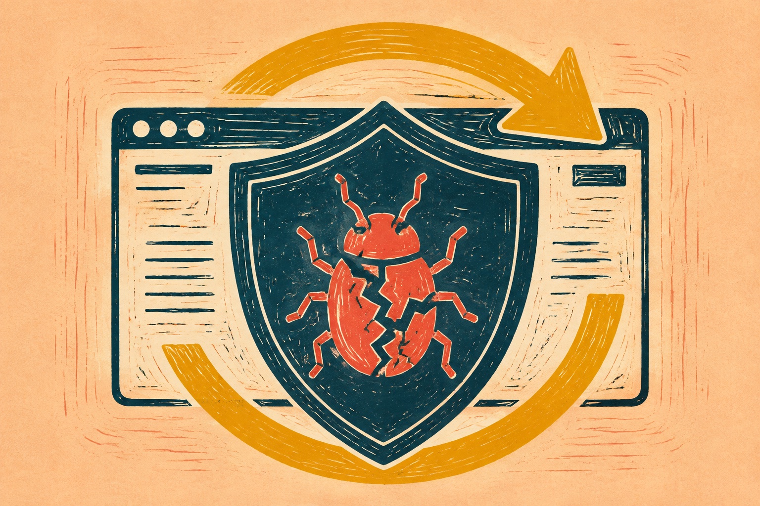 AI-illustratie in drukwerkstijl van een donker schild, rode bug en gele updatepijl rond een browservenster.