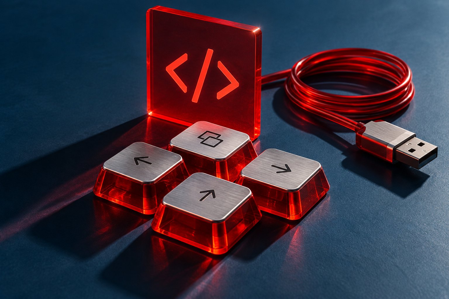 AI-illustratie van abstracte sneltoetsen, een kabel en een codepaneel; geen afbeelding van de echte MX Keypad.