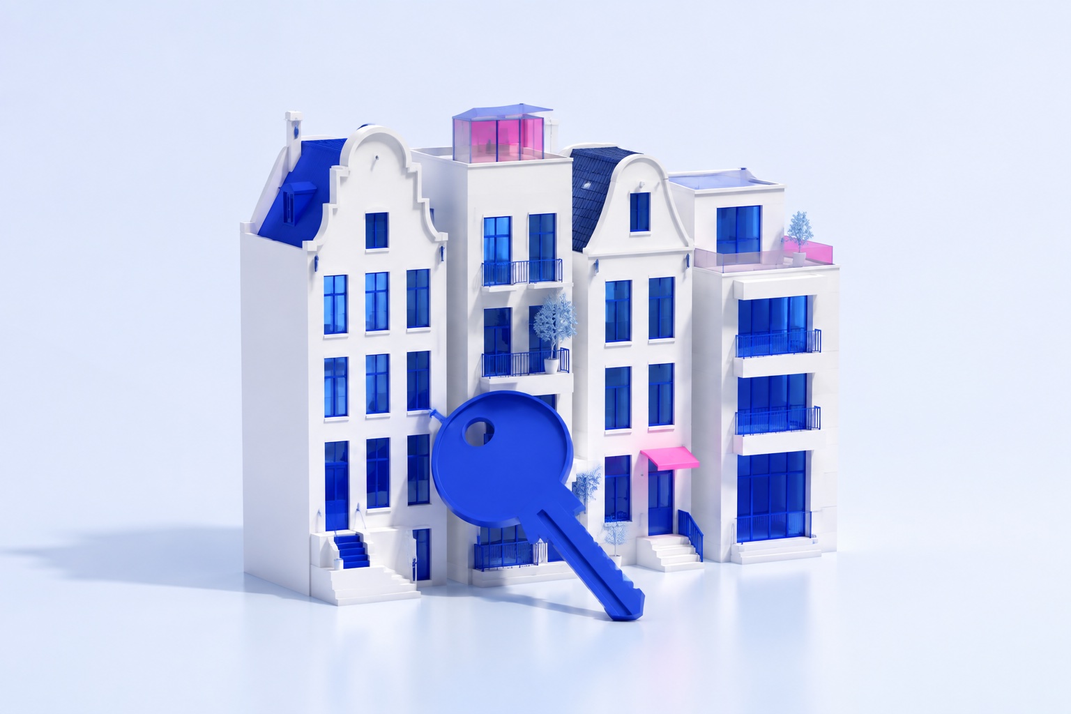 Originele AI-illustratie van Nederlandse woningen met een grote blauwe sleutel